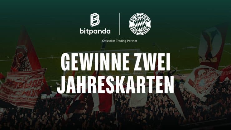 Bitpanda und FC Bayern Logo vor Fankurve mit dem Schriftzug Gewinne zwei Jahreskarten