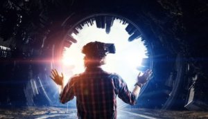 Man in virtual helmet    . Mixed media