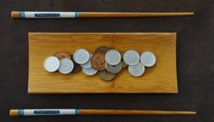 Japanese Coin and Chopstick on Bamboo plate