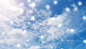 Wireless communication network, IoT Internet of Things and ICT Information Communication Technology concept. Blue sky with cloud in sunny day. Connection background.