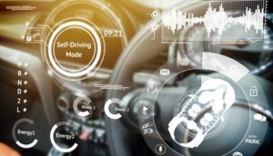 Smart car (HUD) concept. Empty cockpit in vehicle and Self-Driving mode car graphic screen with flare light