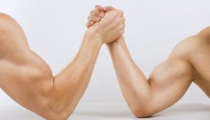 Two muscular hands clasped arm wrestling