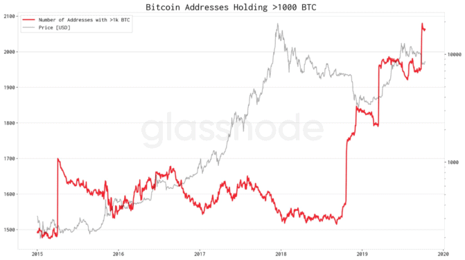 Anstieg der 1.000 BTC enthaltenden Antressen im Vergleich zum Kurs