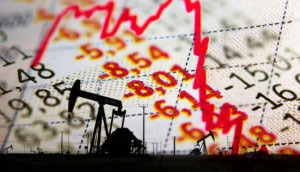 Roter Chart zeigt Preisverfall von Öl (WTI) und rote Zahlen zeigen Minus