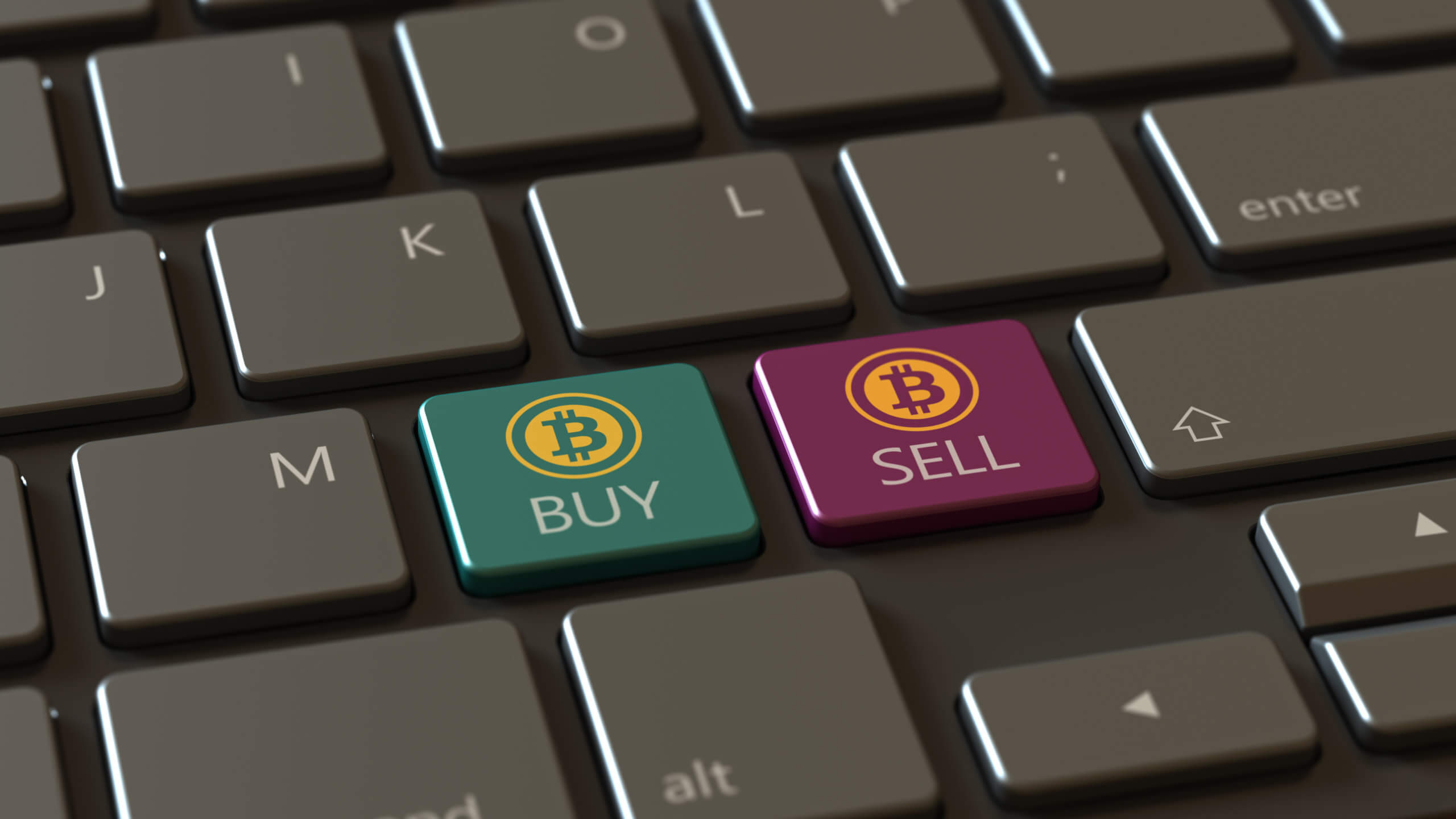 Eine tastatur mit zwei bitcoin-symbolen: einmal "buy" in grün und einmal "sell" in rot