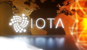 iota logo auf einem hintergrund, der ein stück der weltkarte zeigt