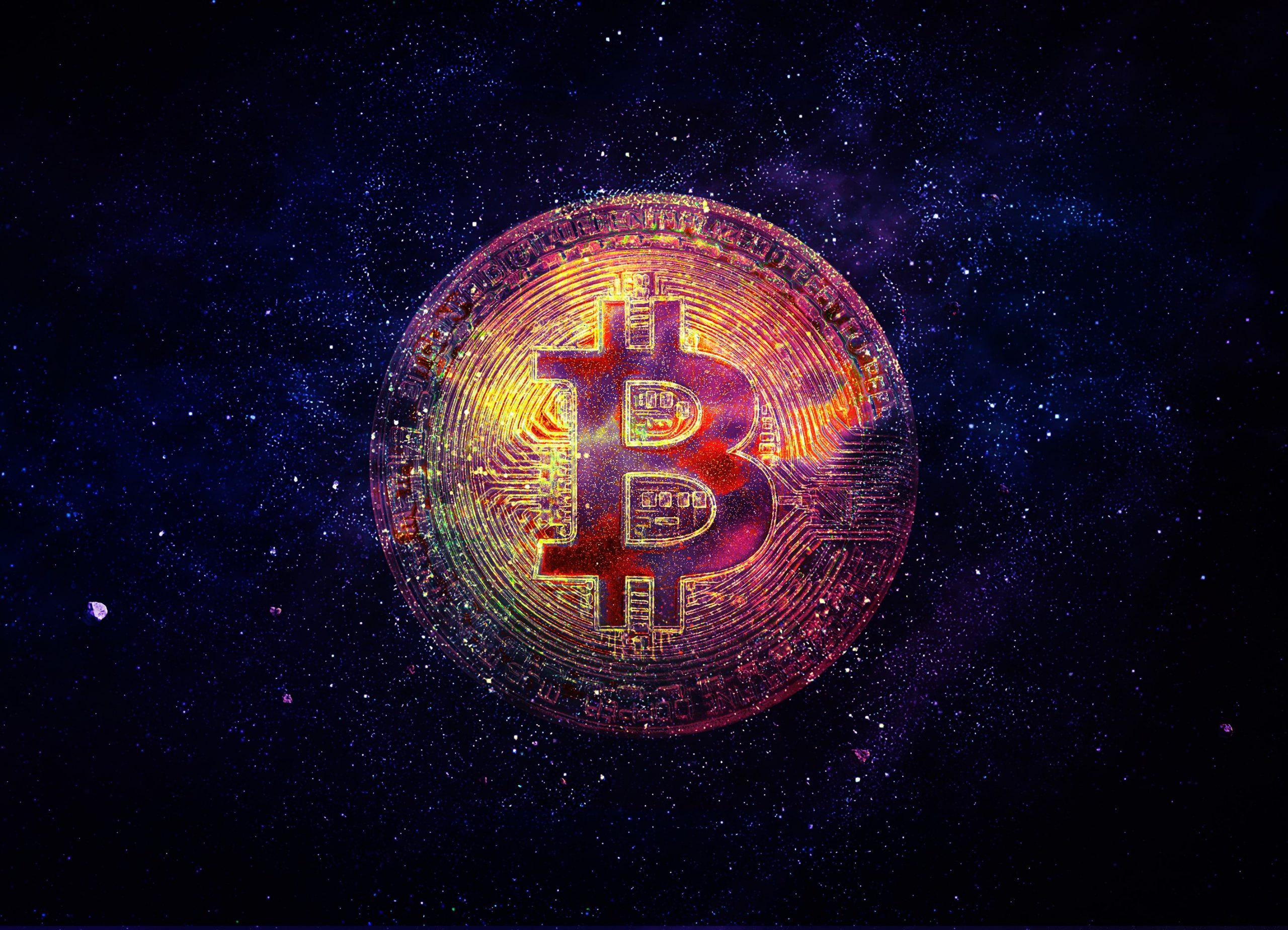 Bitcoin-Münze im Weltall