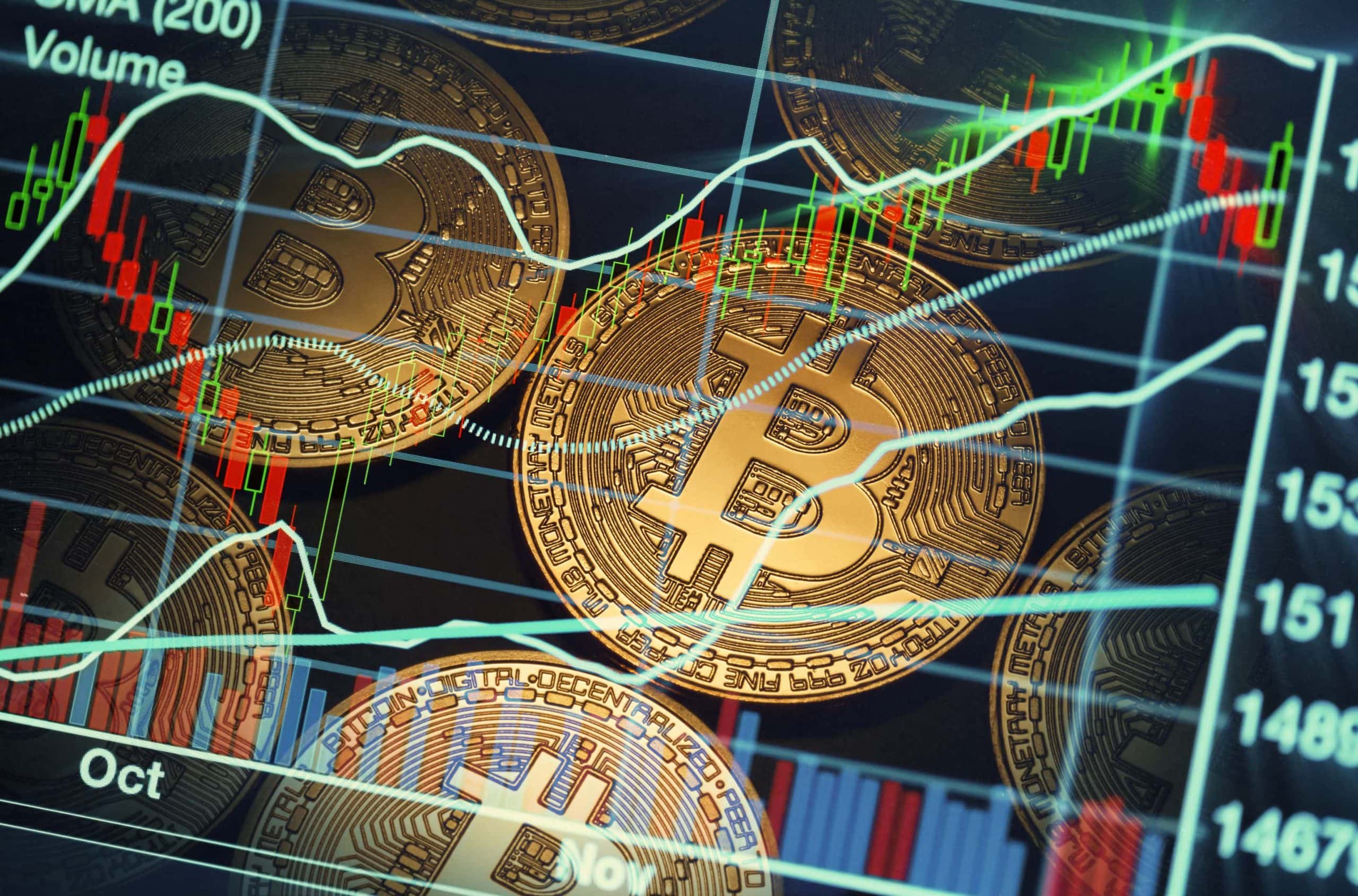 Illustration mit Bitcoin-Münzen und -Kursverlauf