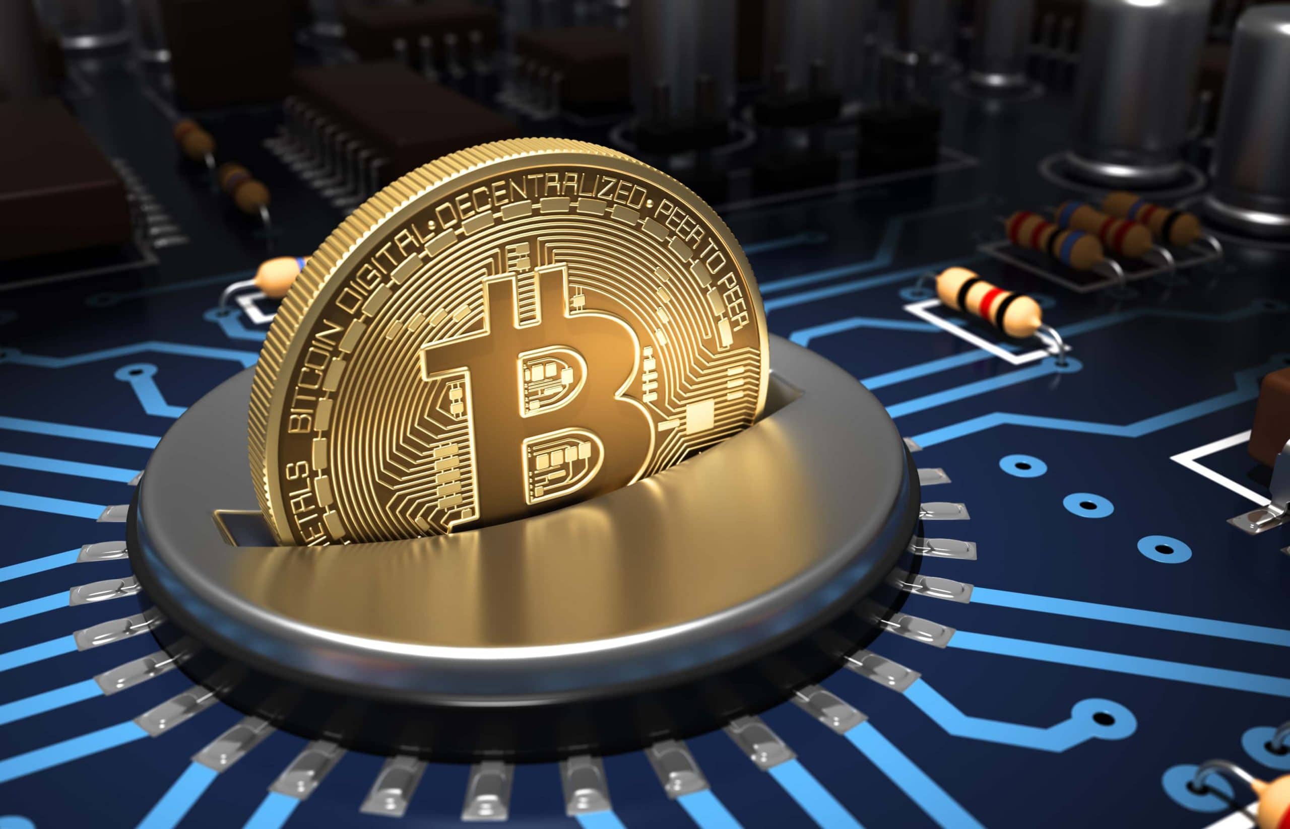 Bitcoin-Münze in einem Computerchip