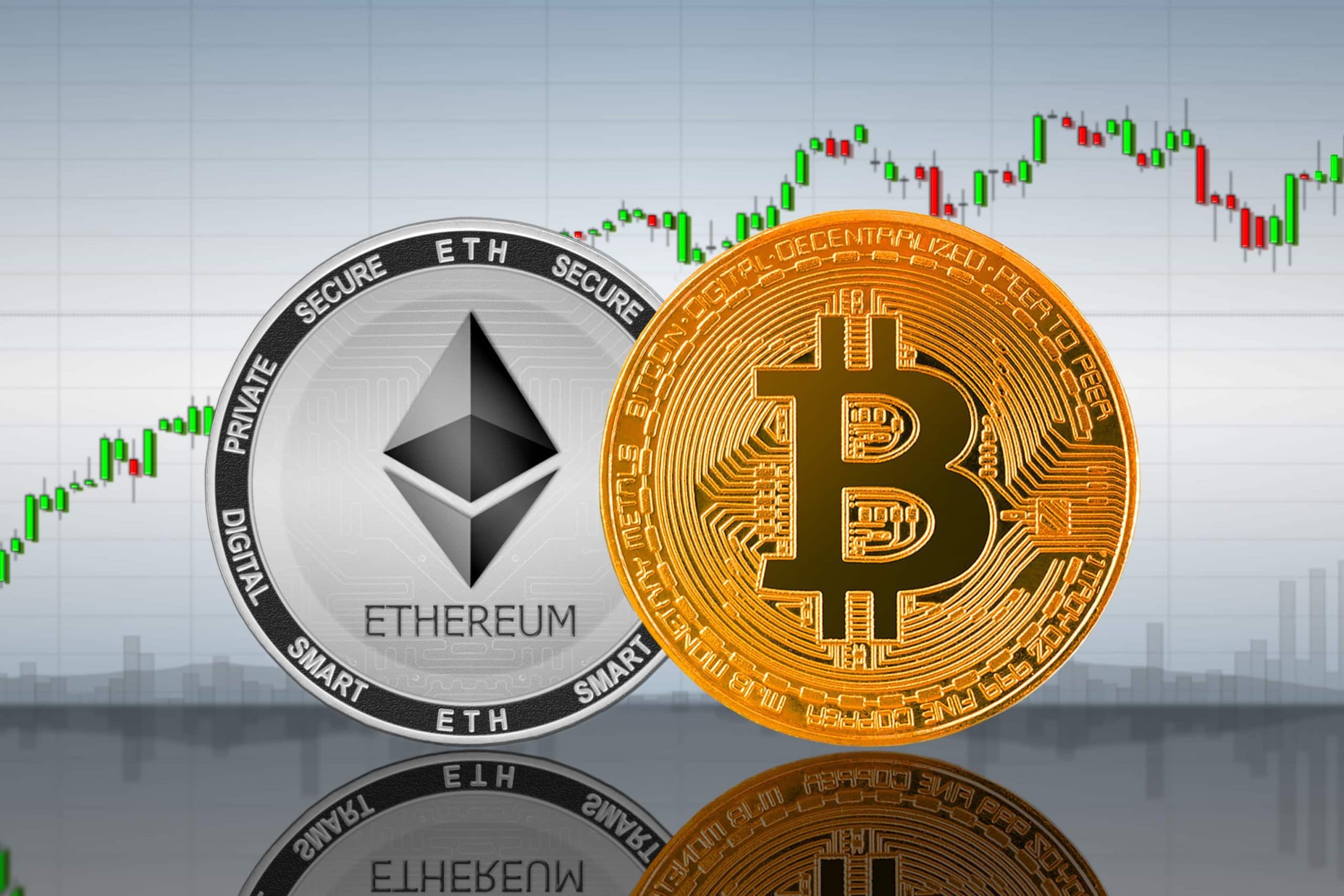 Bitcoin- und Ethereum-Münze vor einem Chart