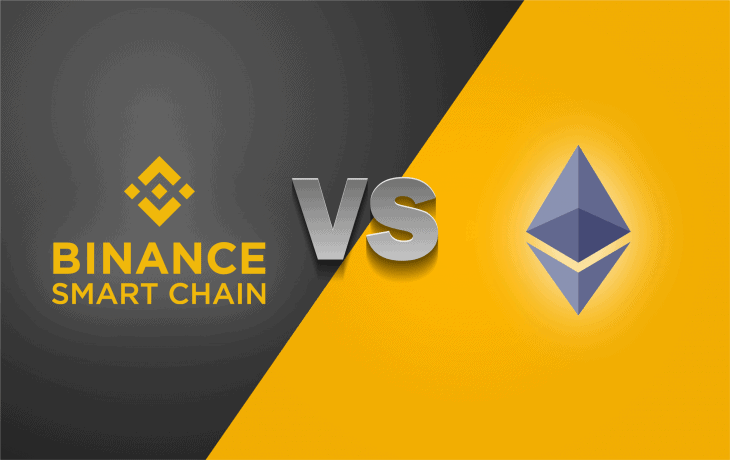 Auf der Grafik sind das Logo von Ethereum, sowie von Binance Smart Chain gegenüberstellt.