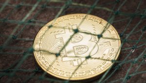 Bitcoin-Münze unter einem Netz
