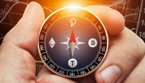 Kompass mit den Logos von Polkadot, Ethereum, Bitcoin und Tether anstelle der Himmelsrichtungen