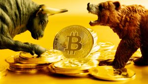 Bitcoin-Münzen zwischen Bulle und Bär