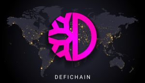 DeFiChain Logo auf Weltkarte
