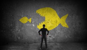 Großer Fisch isst kleinen Fisch als Veranschaulichung einer M&A-Transaktion am Beispiel von BitMEX und BvdH