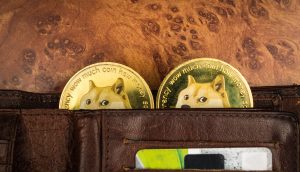 Dogecoin im Geldbeutel auf dem Mond